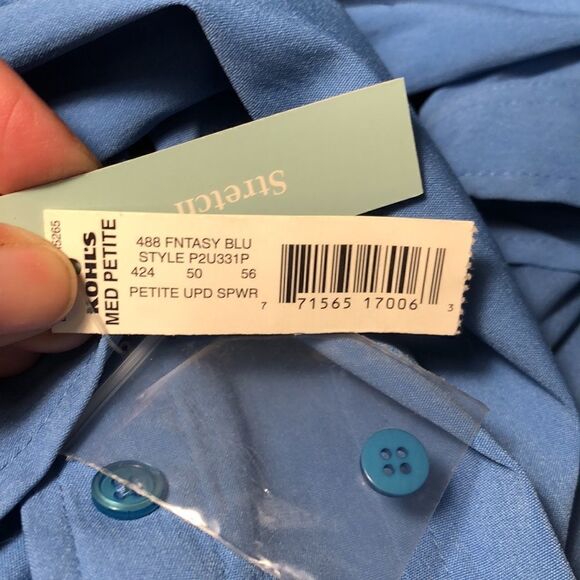 NWT Peplum Stretch Blouse with Puff Sleeves in Fantasy Blue by Apt 9 Petite - Picture 8 of 17